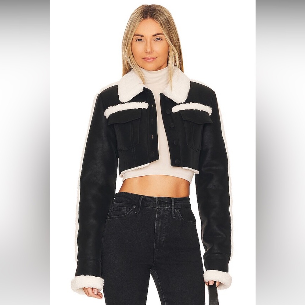 Revolve NBD Dolly Faux Shearling Suede Jacket in Black & Ivory Women’s Size XS